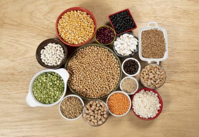 Collection of different cereal varieties and edible dry seeds